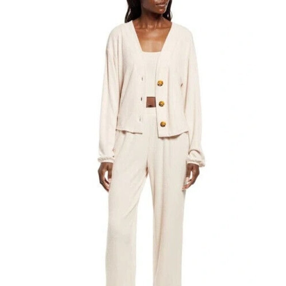 OPEN Edit BNWOT women ribbed soft beige cardigan sweater sz medium